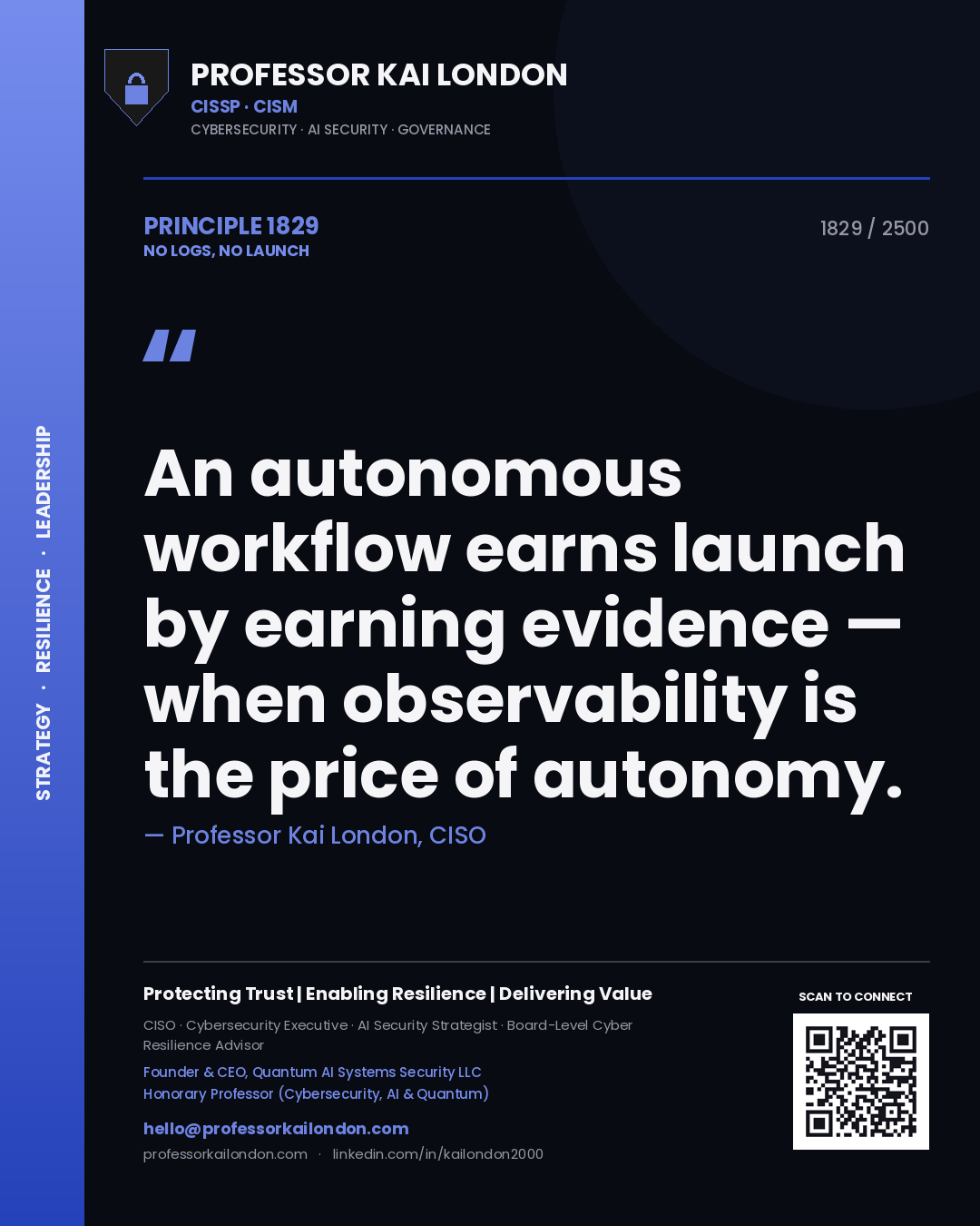 Professor Kai London principle 1829: An autonomous workflow earns launch by earning evidence — when observability is the price of autonomy.
