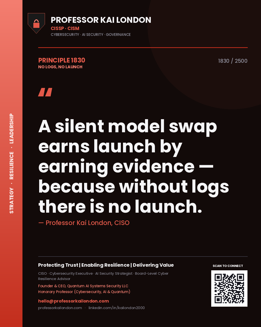 Professor Kai London principle 1830: A silent model swap earns launch by earning evidence — because without logs there is no launch.