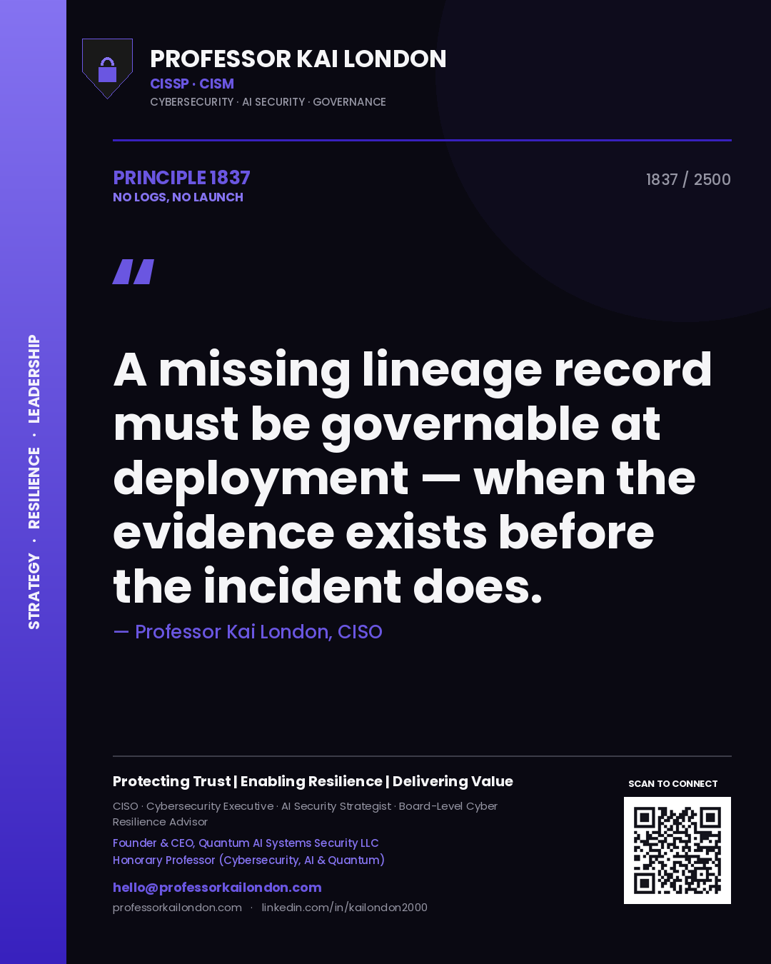 Professor Kai London principle 1837: A missing lineage record must be governable at deployment — when the evidence exists before the incident does.