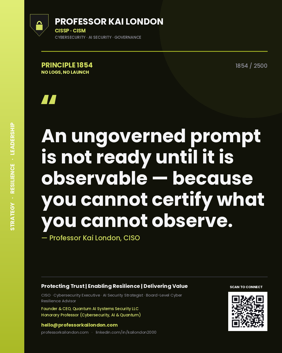 Professor Kai London principle 1854: An ungoverned prompt is not ready until it is observable — because you cannot certify what you cannot observe.