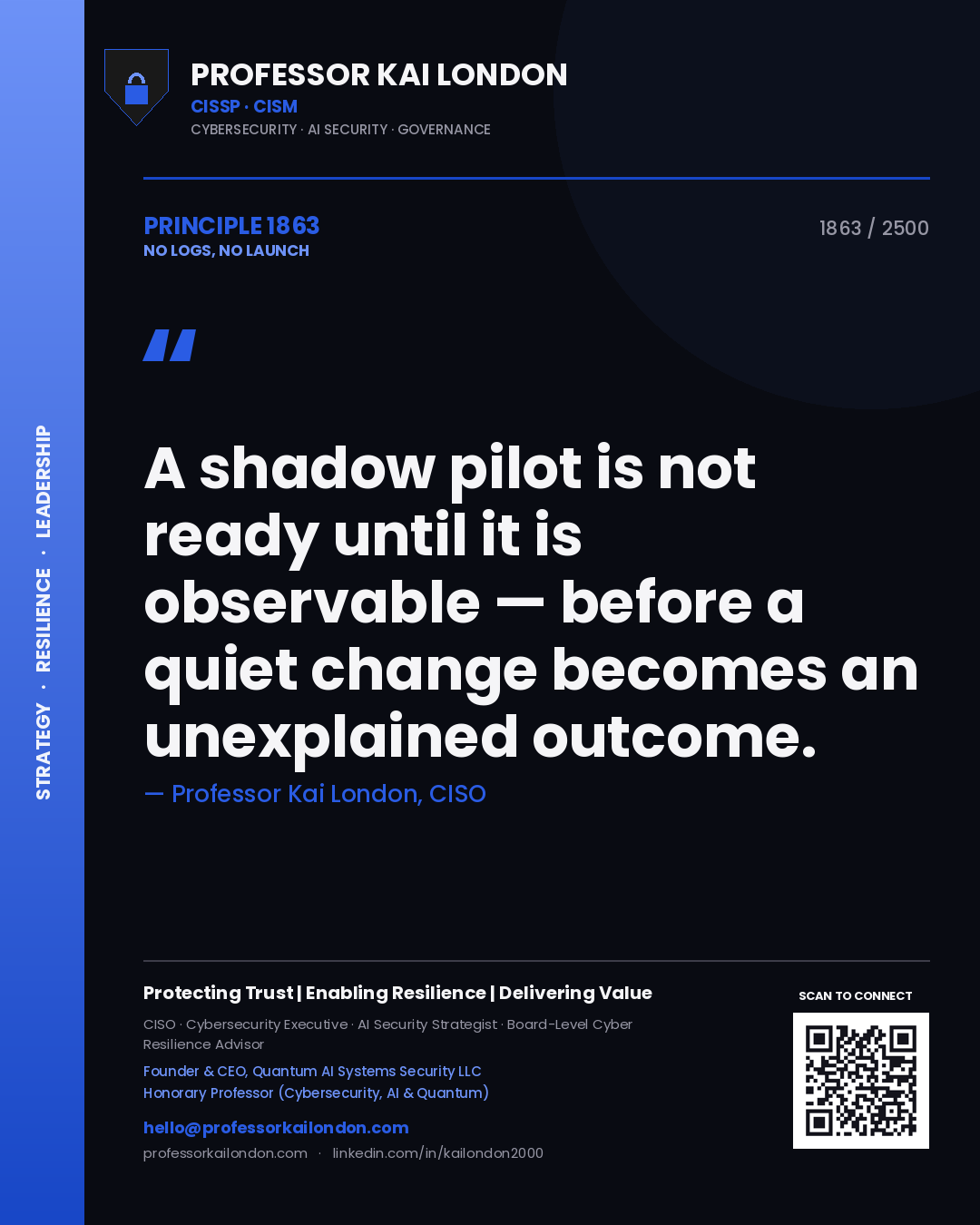 Professor Kai London principle 1863: A shadow pilot is not ready until it is observable — before a quiet change becomes an unexplained outcome.