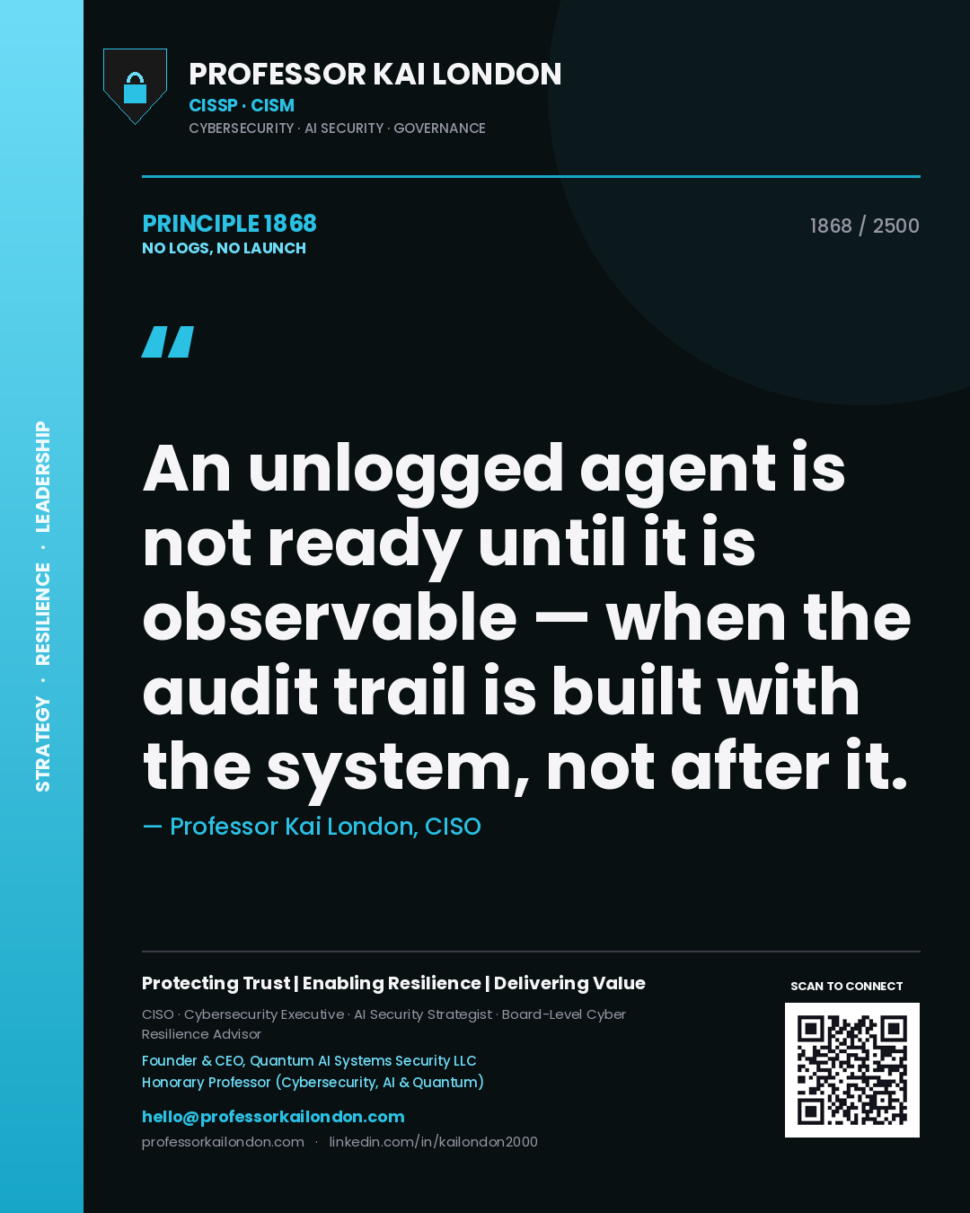 Professor Kai London principle 1868: An unlogged agent is not ready until it is observable — when the audit trail is built with the system, not after it.