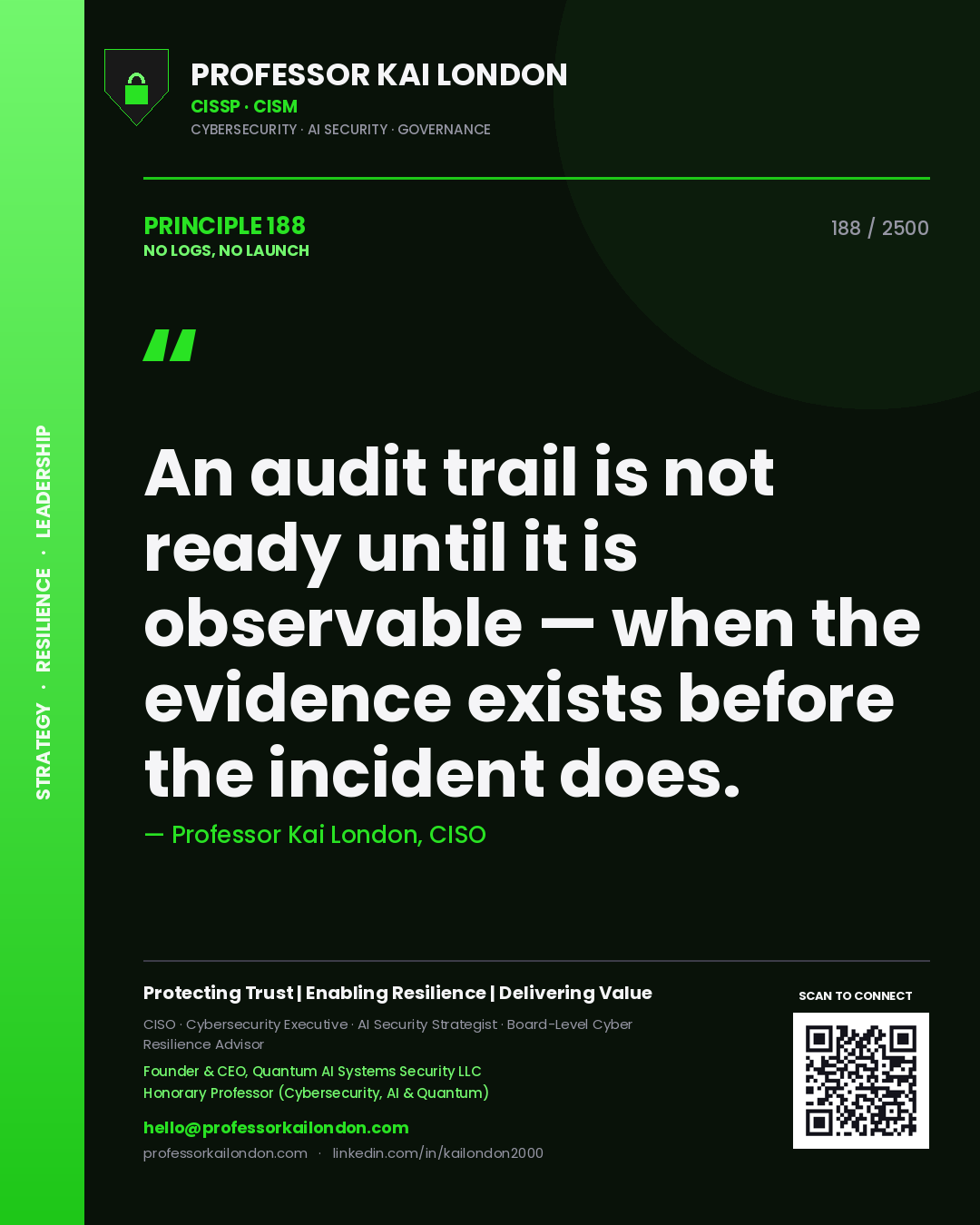 Professor Kai London principle 188: An audit trail is not ready until it is observable — when the evidence exists before the incident does.