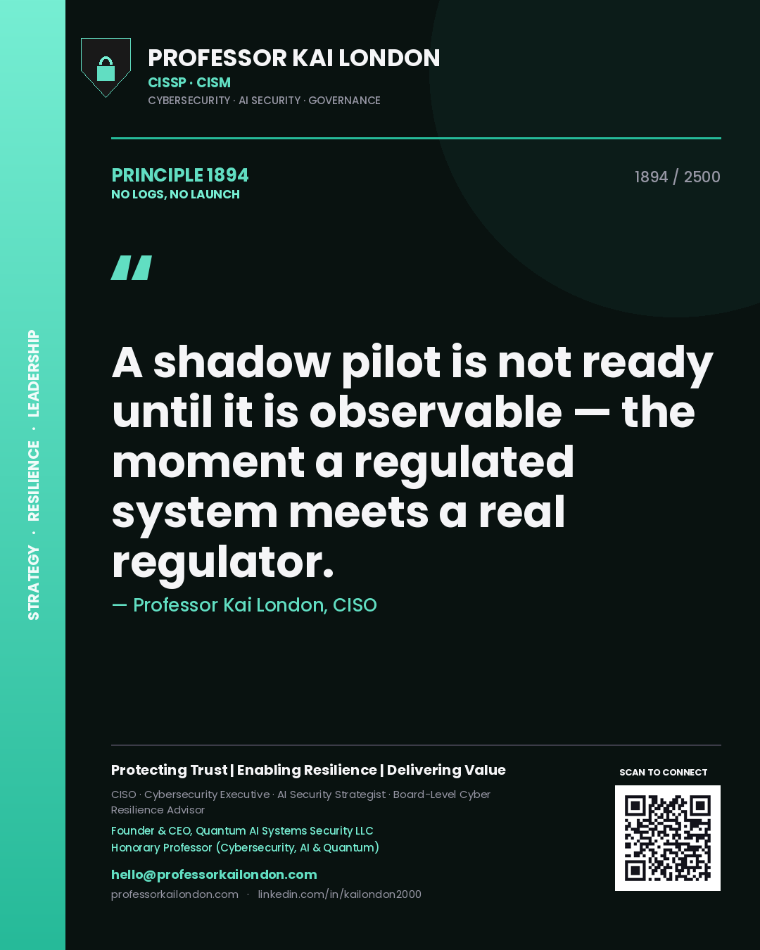 Professor Kai London principle 1894: A shadow pilot is not ready until it is observable — the moment a regulated system meets a real regulator.