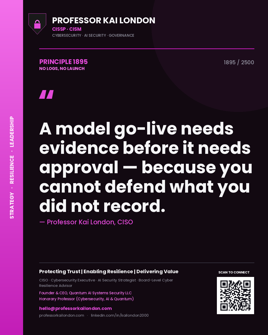 Professor Kai London principle 1895: A model go-live needs evidence before it needs approval — because you cannot defend what you did not record.