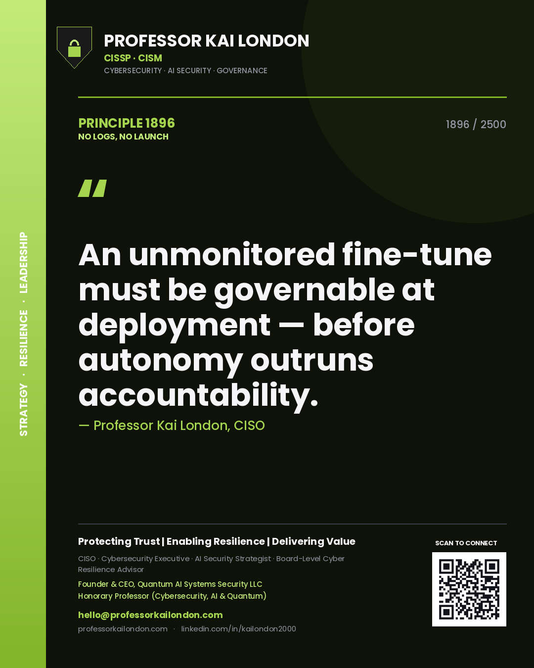 Professor Kai London principle 1896: An unmonitored fine-tune must be governable at deployment — before autonomy outruns accountability.
