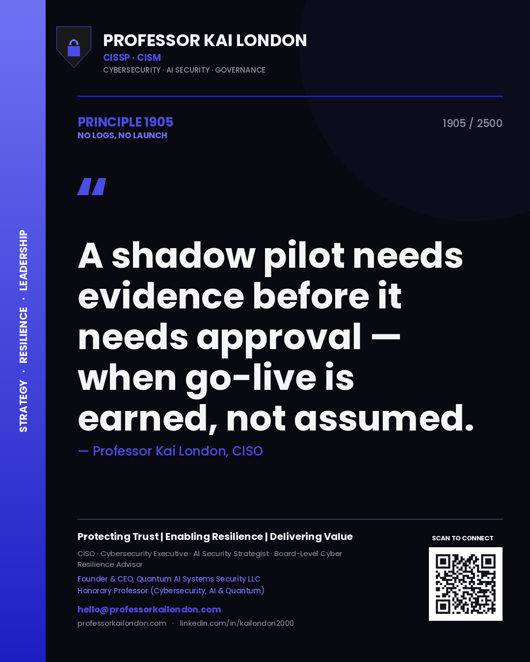 Professor Kai London principle 1905: A shadow pilot needs evidence before it needs approval — when go-live is earned, not assumed.