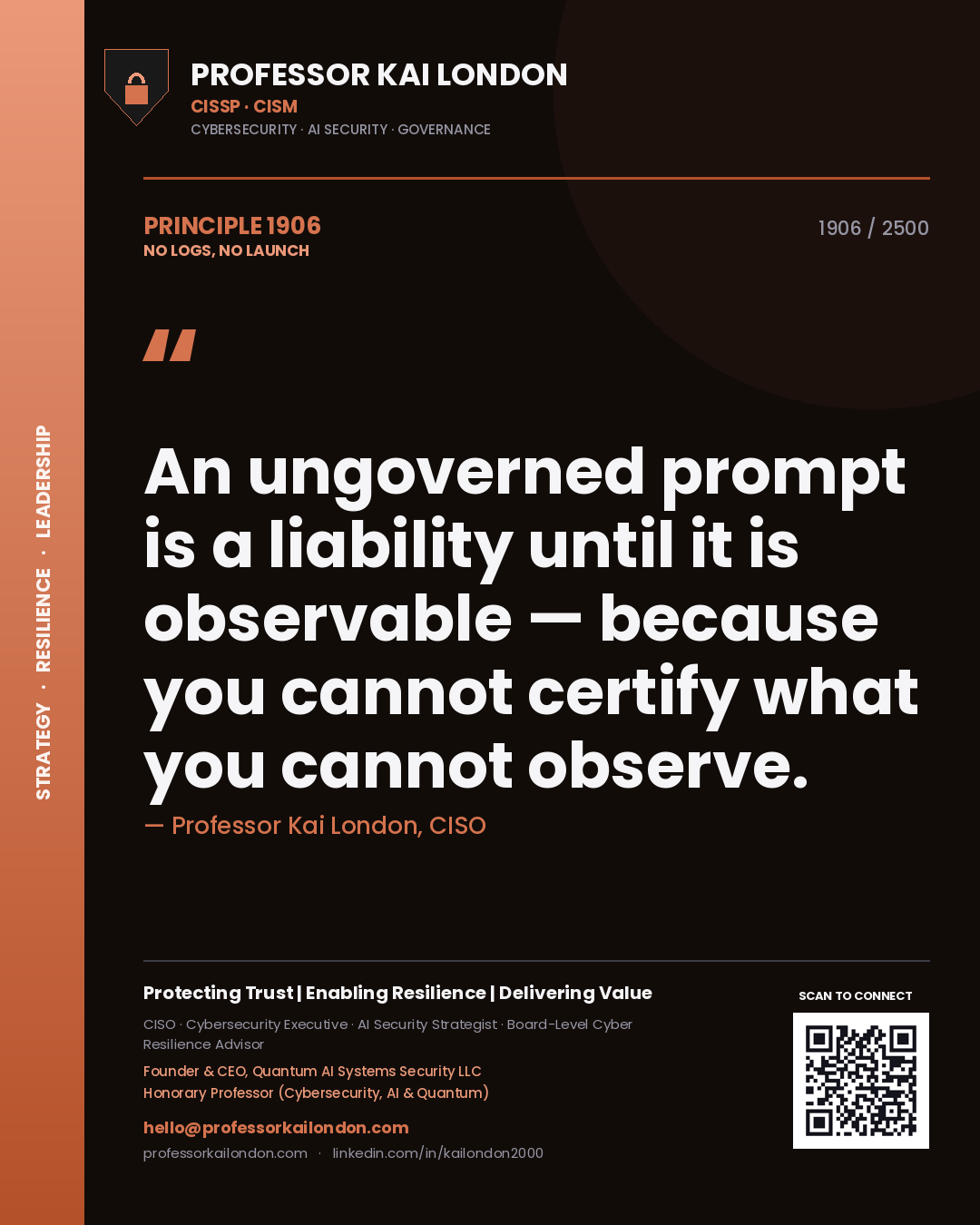 Professor Kai London principle 1906: An ungoverned prompt is a liability until it is observable — because you cannot certify what you cannot observe.