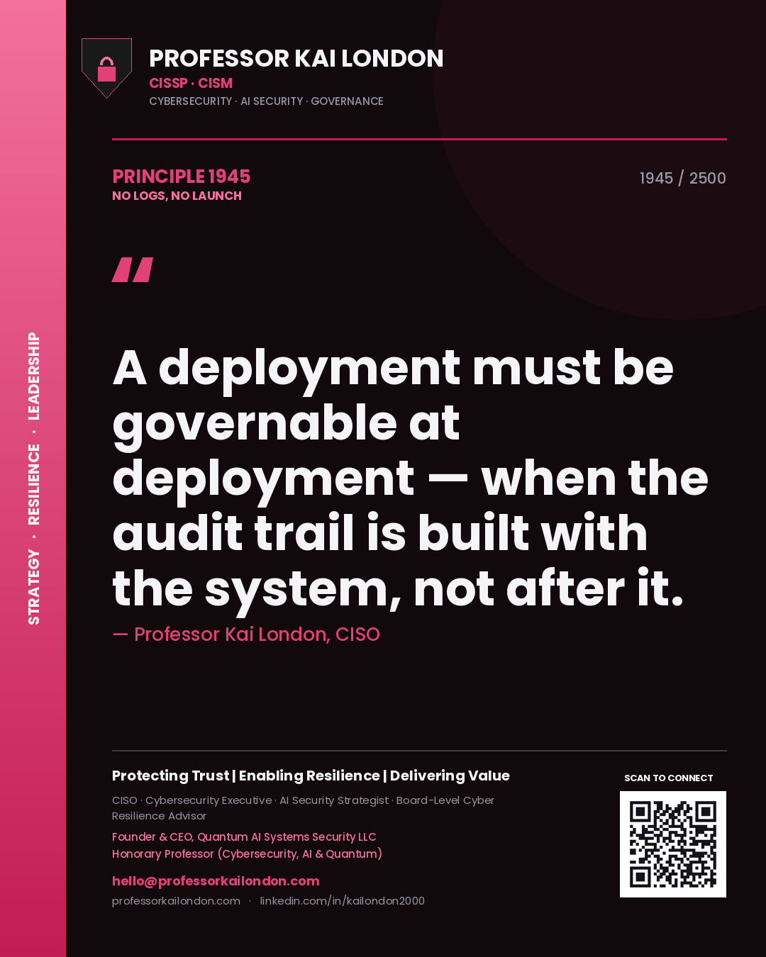 Professor Kai London principle 1945: A deployment must be governable at deployment — when the audit trail is built with the system, not after it.