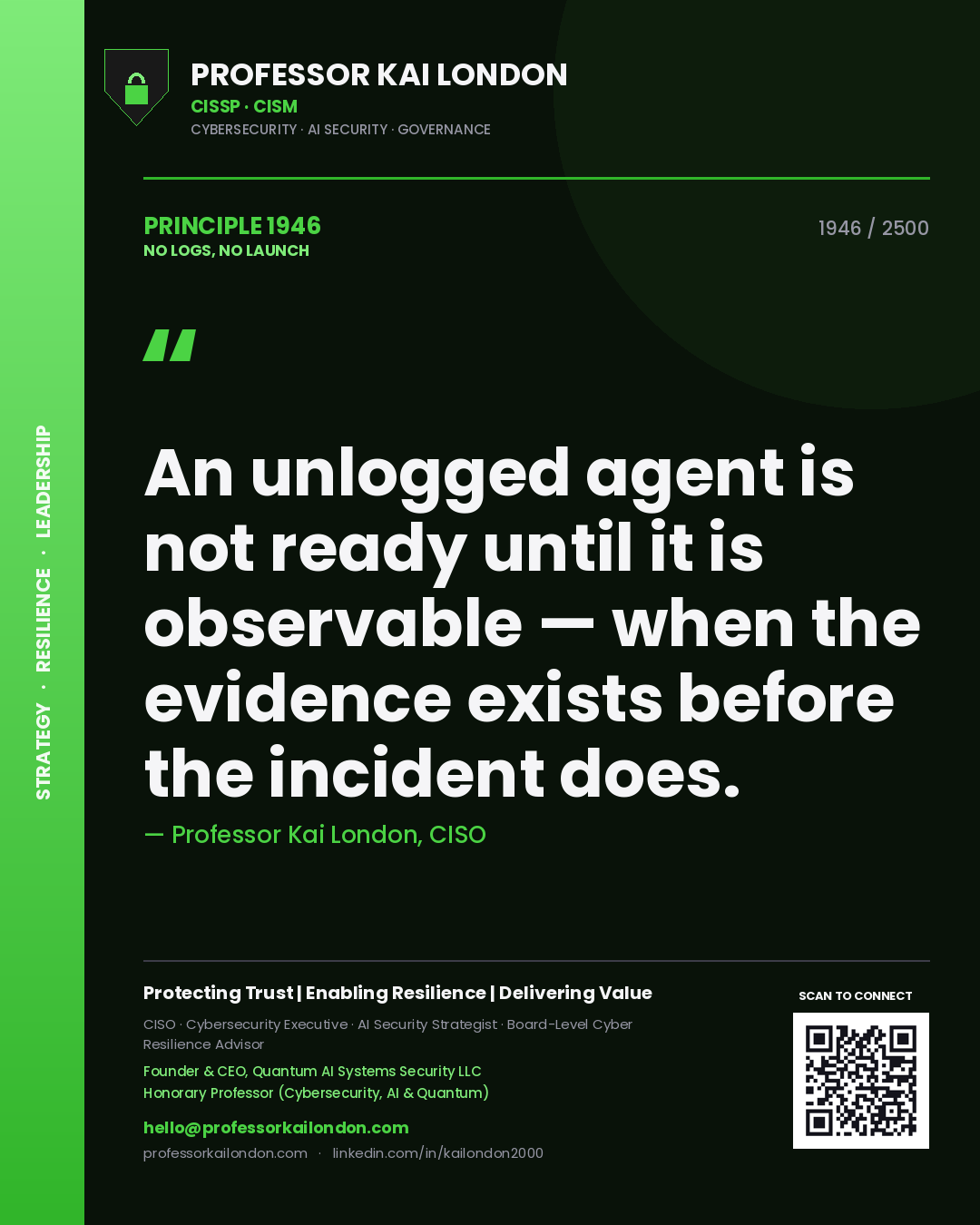 Professor Kai London principle 1946: An unlogged agent is not ready until it is observable — when the evidence exists before the incident does.