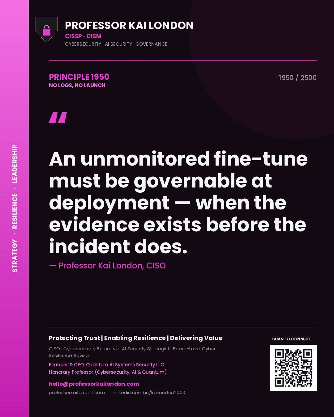 Professor Kai London principle 1950: An unmonitored fine-tune must be governable at deployment — when the evidence exists before the incident does.