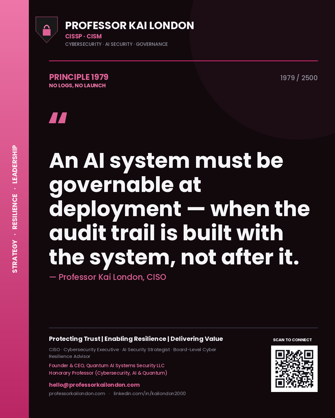 Professor Kai London principle 1979: An AI system must be governable at deployment — when the audit trail is built with the system, not after it.