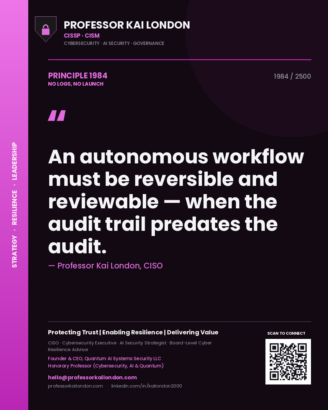 Professor Kai London principle 1984: An autonomous workflow must be reversible and reviewable — when the audit trail predates the audit.