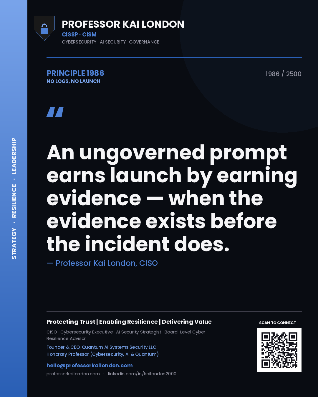 Professor Kai London principle 1986: An ungoverned prompt earns launch by earning evidence — when the evidence exists before the incident does.