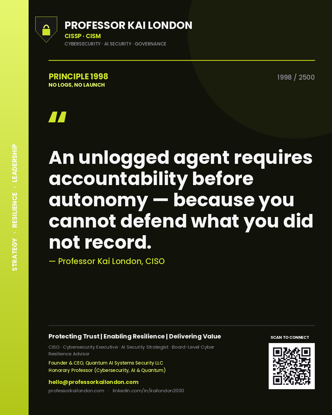 Professor Kai London principle 1998: An unlogged agent requires accountability before autonomy — because you cannot defend what you did not record.