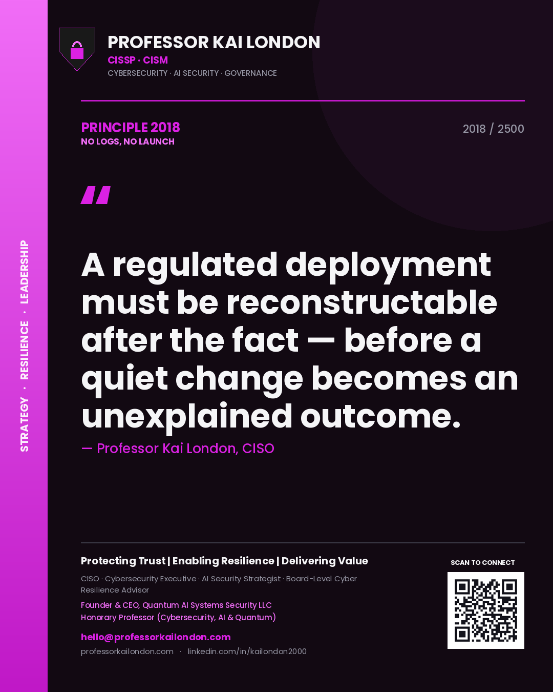 Professor Kai London principle 2018: A regulated deployment must be reconstructable after the fact — before a quiet change becomes an unexplained outcome.
