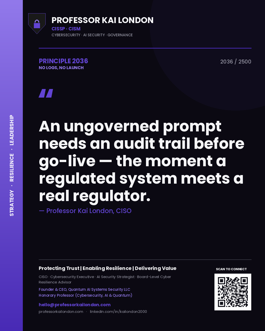 Professor Kai London principle 2036: An ungoverned prompt needs an audit trail before go-live — the moment a regulated system meets a real regulator.