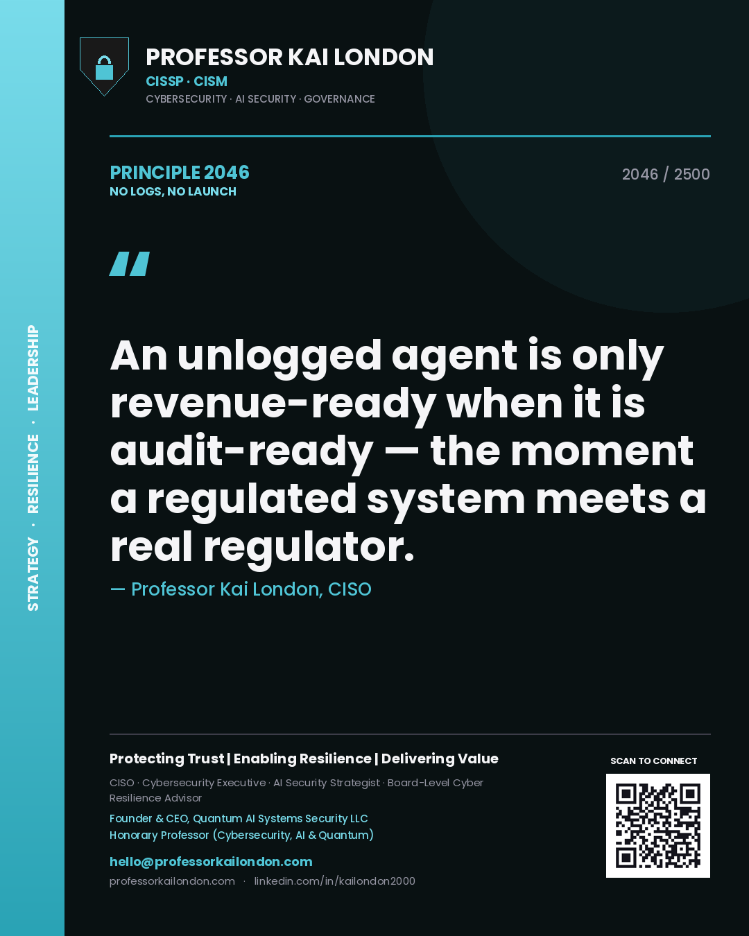 Professor Kai London principle 2046: An unlogged agent is only revenue-ready when it is audit-ready — the moment a regulated system meets a real regulator.