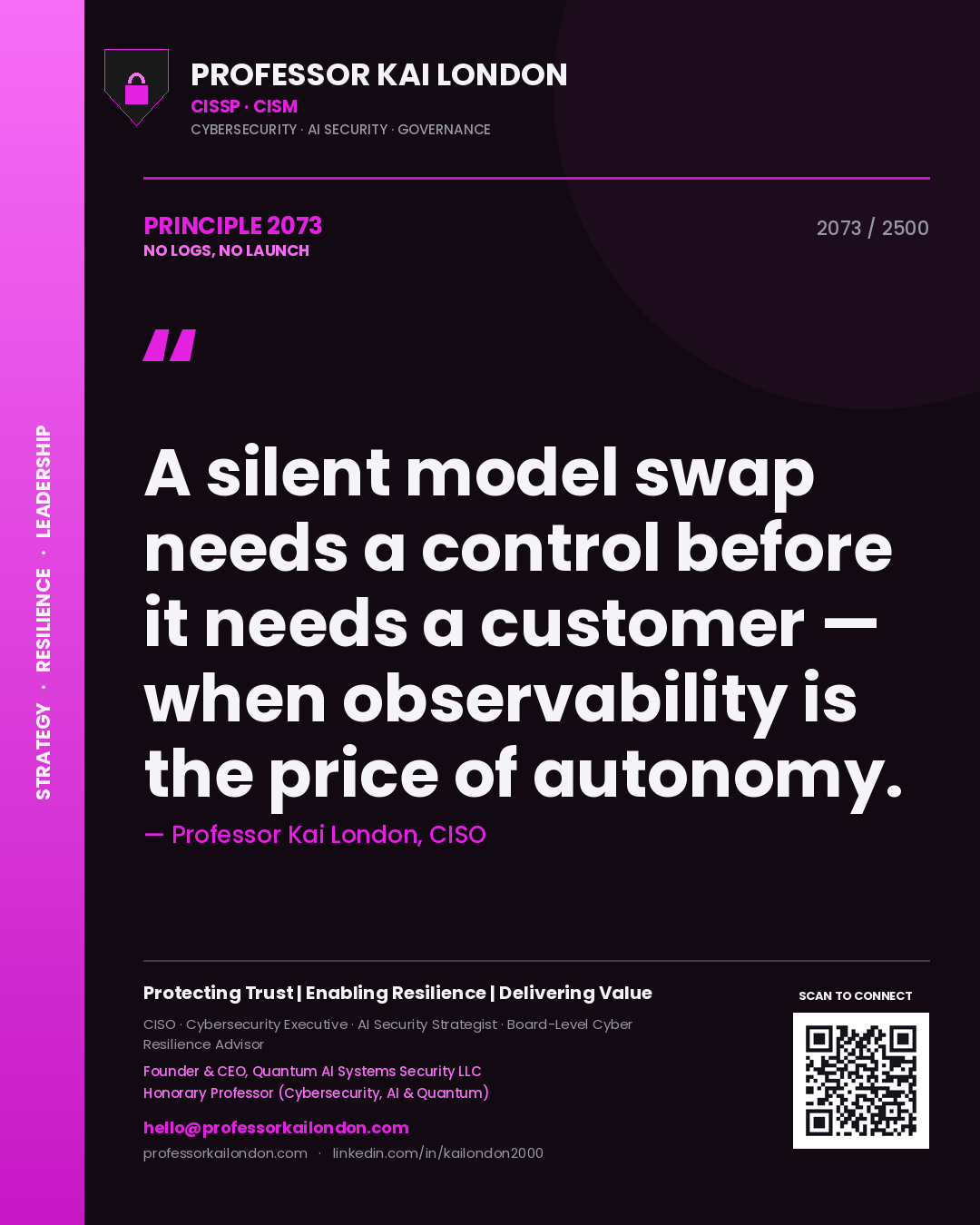 Professor Kai London principle 2073: A silent model swap needs a control before it needs a customer — when observability is the price of autonomy.
