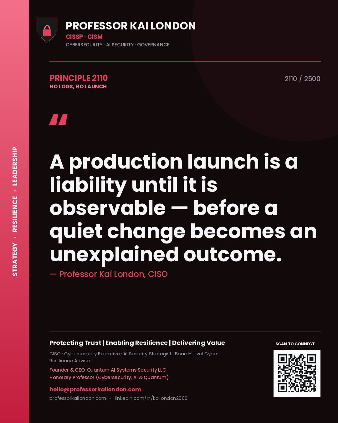 Professor Kai London principle 2110: A production launch is a liability until it is observable — before a quiet change becomes an unexplained outcome.