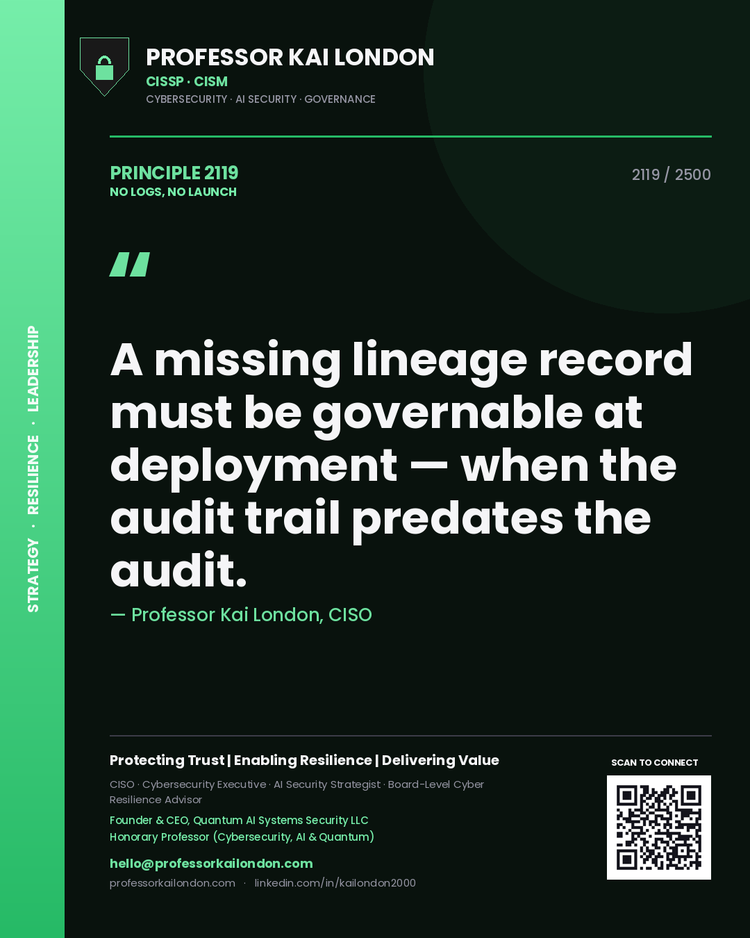 Professor Kai London principle 2119: A missing lineage record must be governable at deployment — when the audit trail predates the audit.