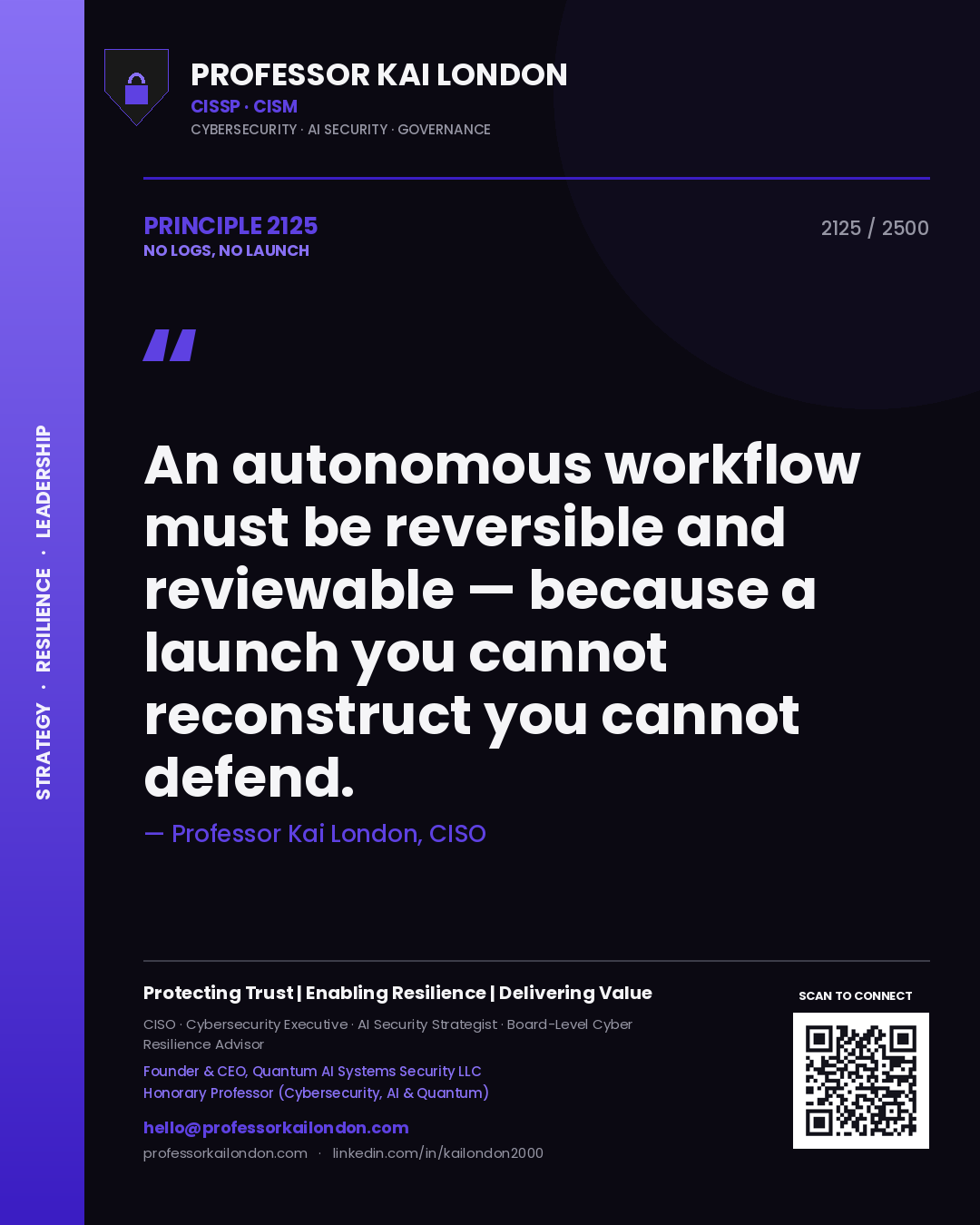 Professor Kai London principle 2125: An autonomous workflow must be reversible and reviewable — because a launch you cannot reconstruct you cannot defend.