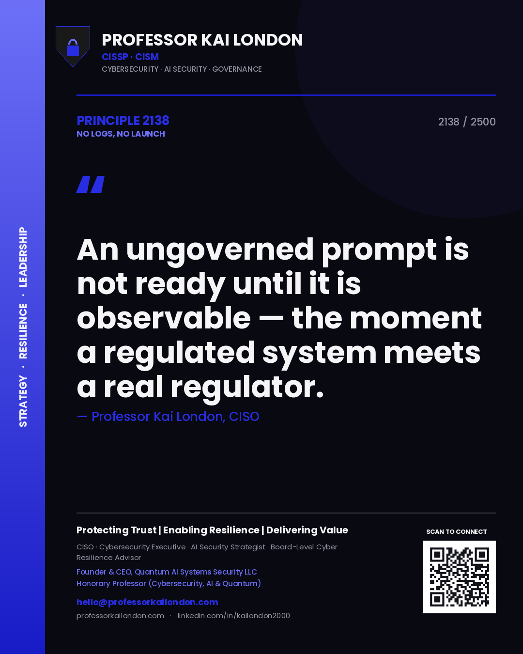 Professor Kai London principle 2138: An ungoverned prompt is not ready until it is observable — the moment a regulated system meets a real regulator.