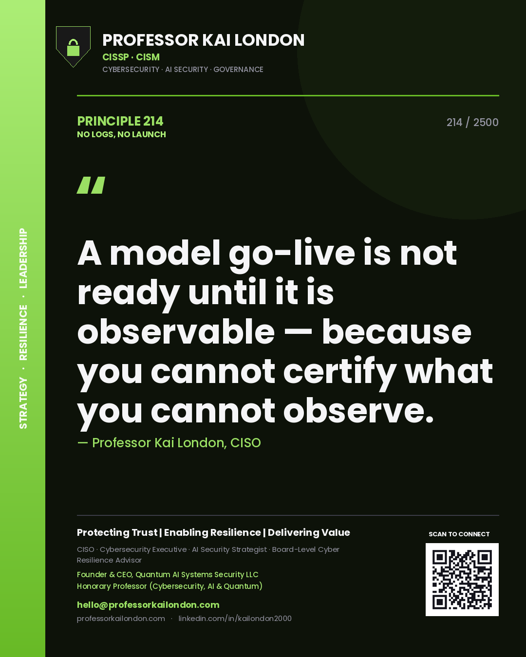 Professor Kai London principle 214: A model go-live is not ready until it is observable — because you cannot certify what you cannot observe.
