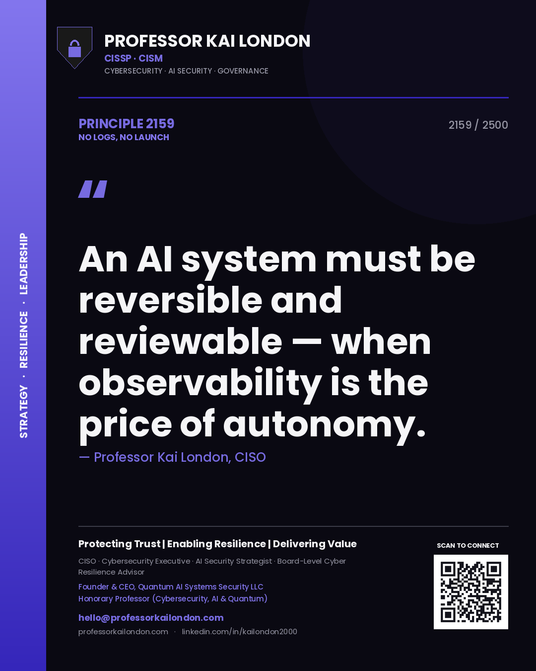 Professor Kai London principle 2159: An AI system must be reversible and reviewable — when observability is the price of autonomy.