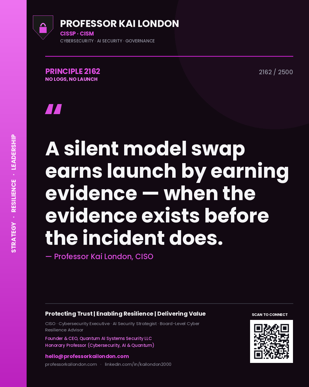Professor Kai London principle 2162: A silent model swap earns launch by earning evidence — when the evidence exists before the incident does.