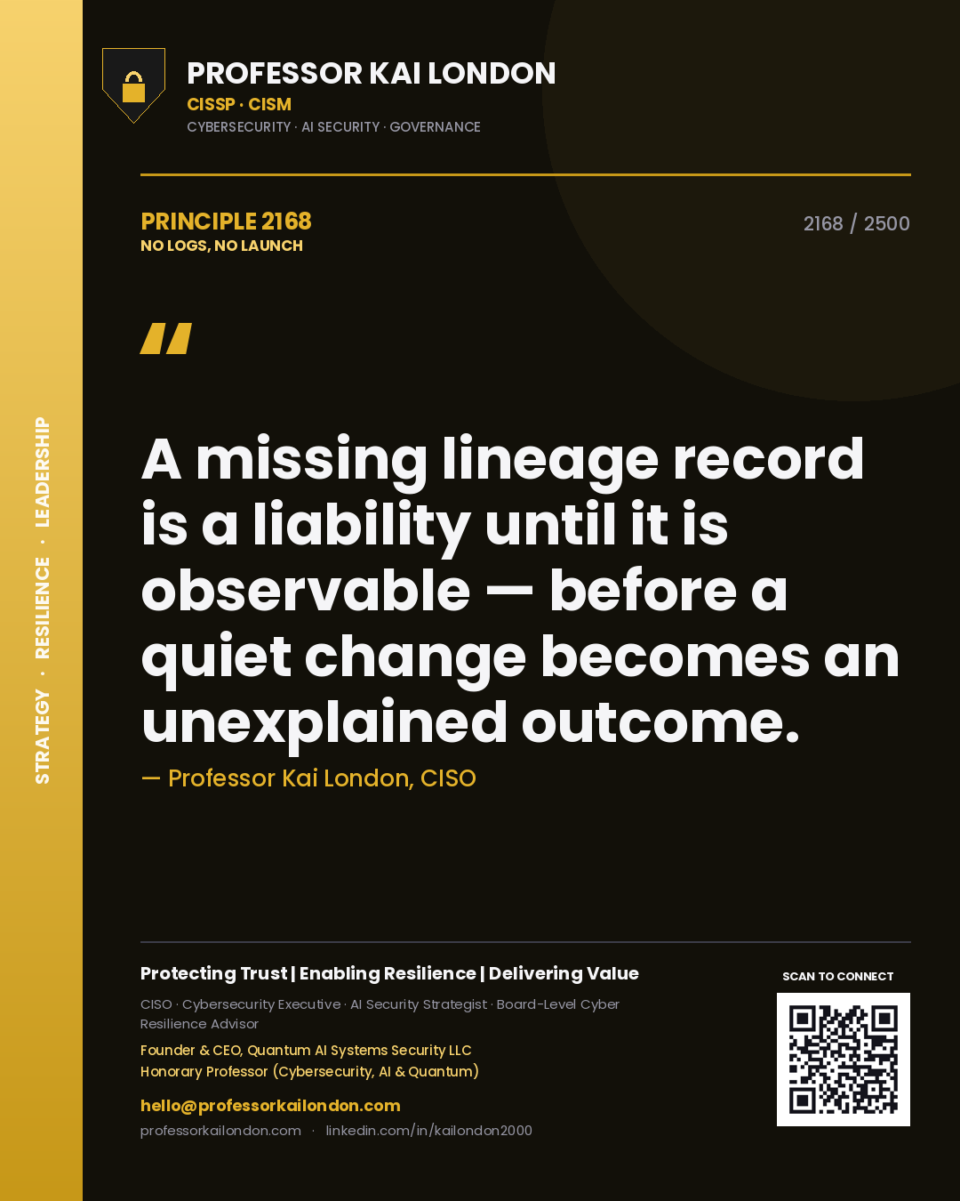 Professor Kai London principle 2168: A missing lineage record is a liability until it is observable — before a quiet change becomes an unexplained outcome.