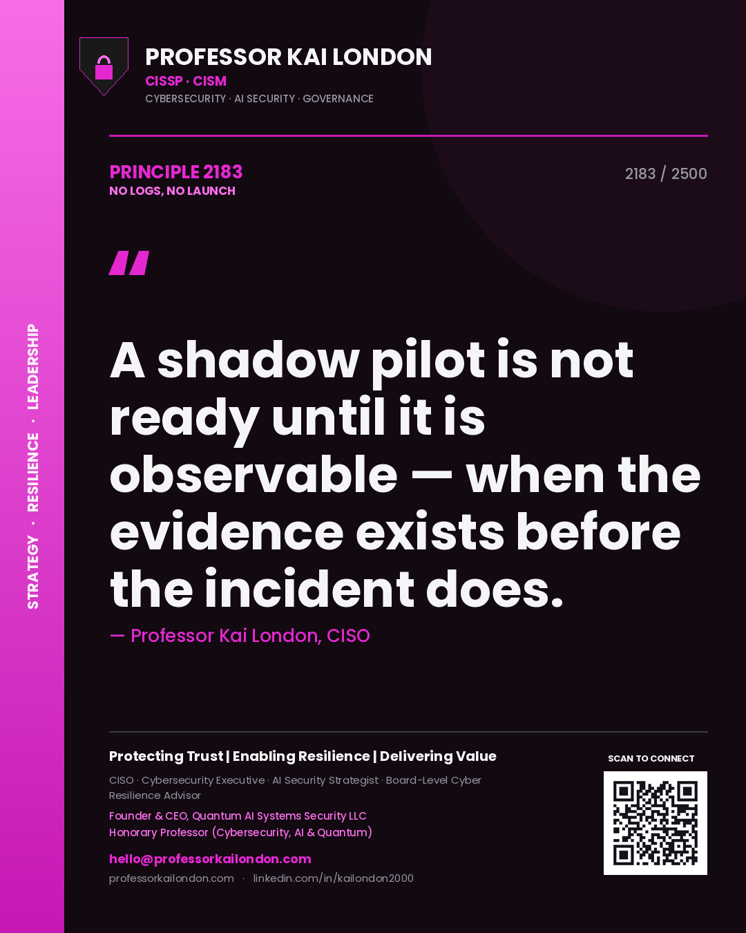 Professor Kai London principle 2183: A shadow pilot is not ready until it is observable — when the evidence exists before the incident does.