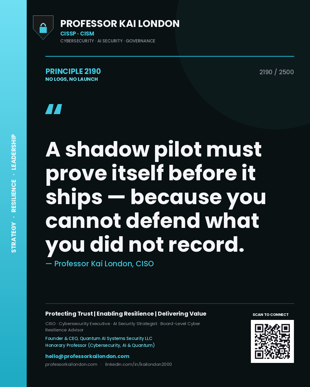 Professor Kai London principle 2190: A shadow pilot must prove itself before it ships — because you cannot defend what you did not record.