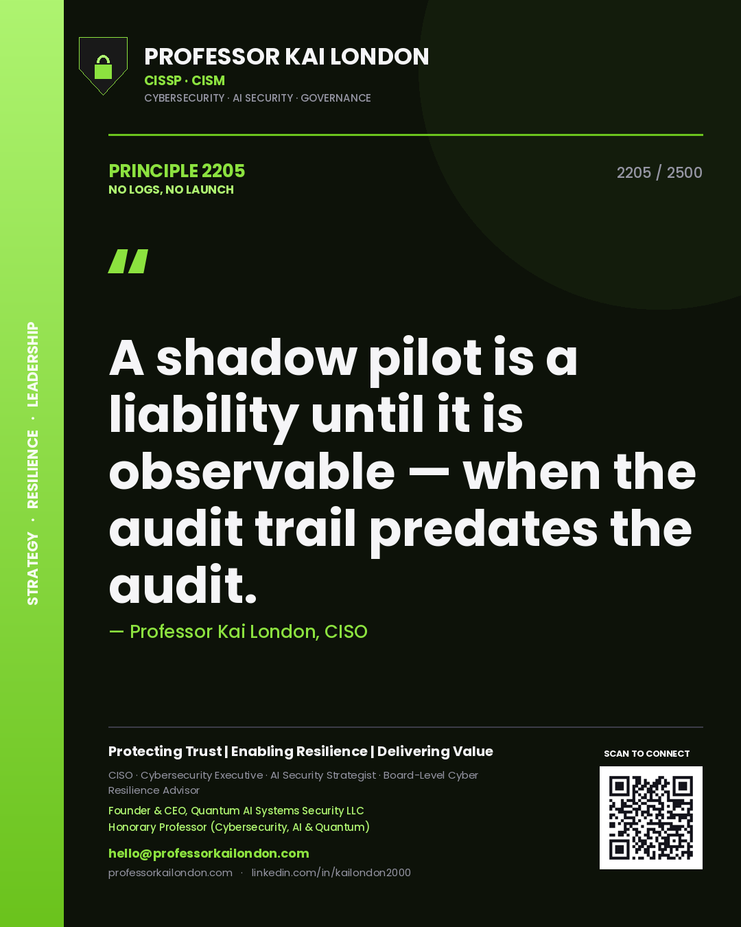 Professor Kai London principle 2205: A shadow pilot is a liability until it is observable — when the audit trail predates the audit.