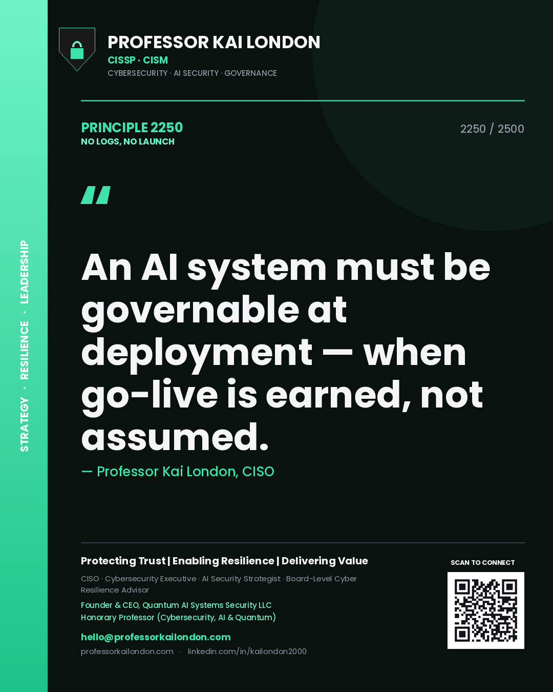 Professor Kai London principle 2250: An AI system must be governable at deployment — when go-live is earned, not assumed.