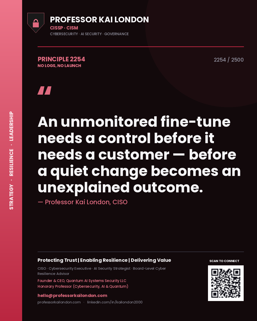 Professor Kai London principle 2254: An unmonitored fine-tune needs a control before it needs a customer — before a quiet change becomes an unexplained outcome.