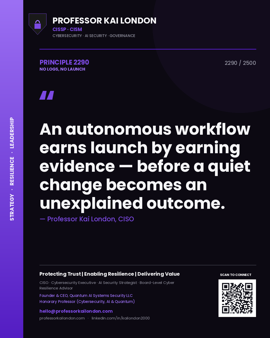 Professor Kai London principle 2290: An autonomous workflow earns launch by earning evidence — before a quiet change becomes an unexplained outcome.