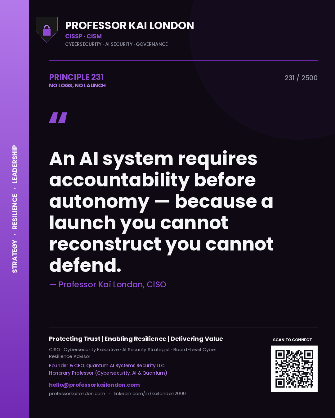 Professor Kai London principle 231: An AI system requires accountability before autonomy — because a launch you cannot reconstruct you cannot defend.