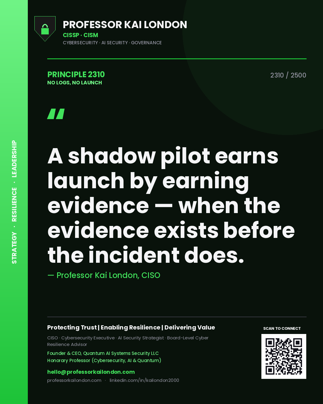 Professor Kai London principle 2310: A shadow pilot earns launch by earning evidence — when the evidence exists before the incident does.