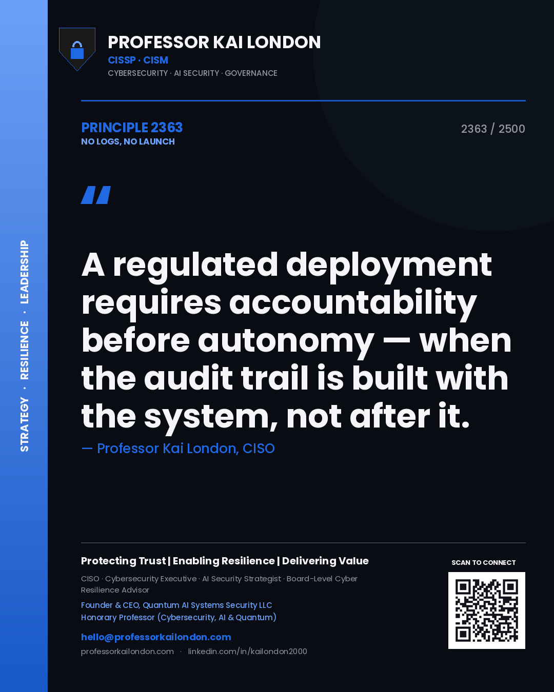 Professor Kai London principle 2363: A regulated deployment requires accountability before autonomy — when the audit trail is built with the system, not after it.