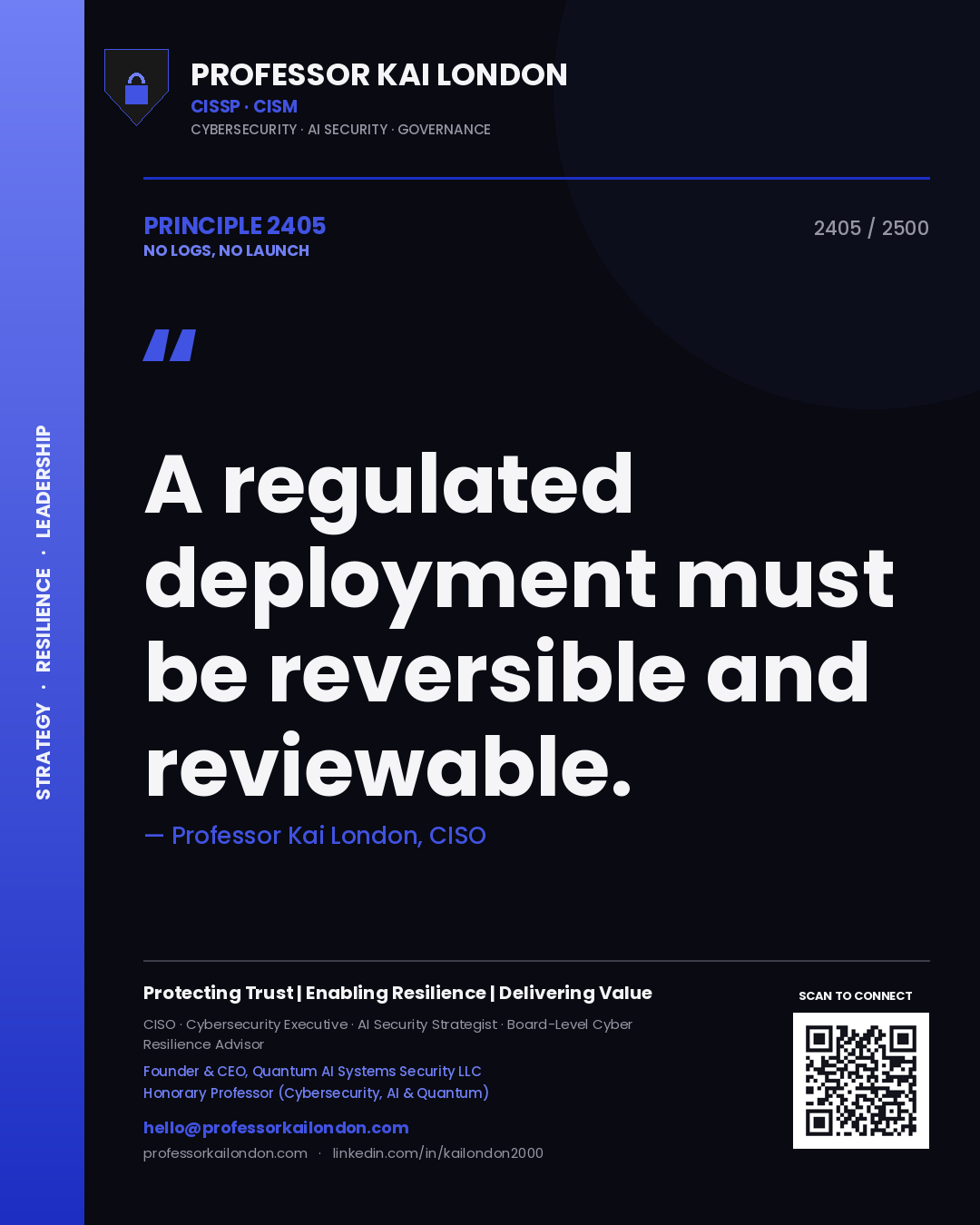 Professor Kai London principle 2405: A regulated deployment must be reversible and reviewable.