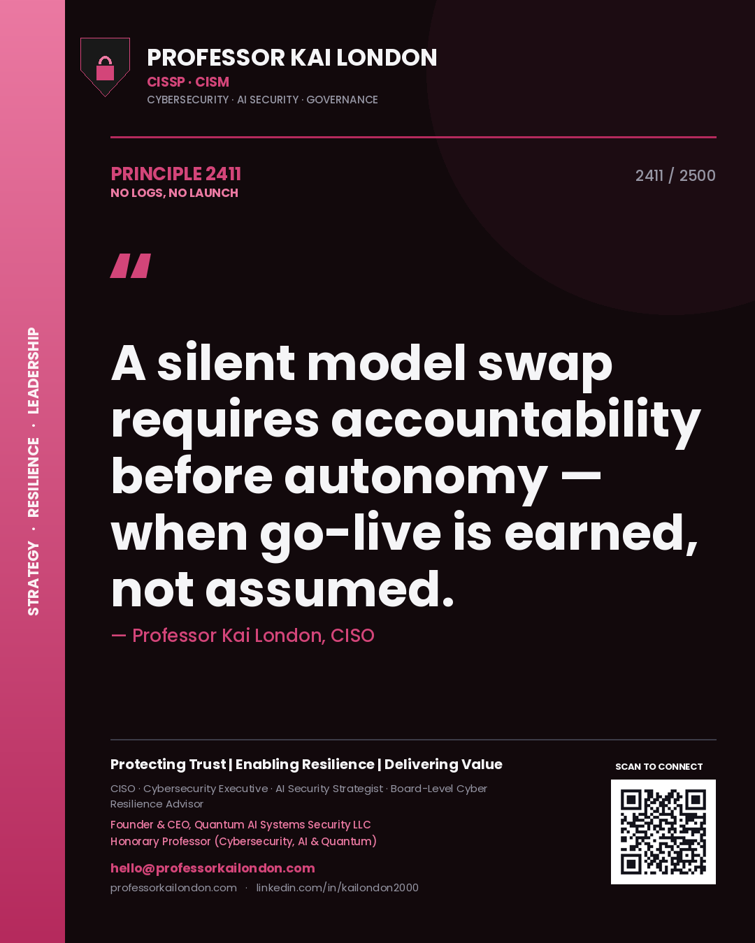 Professor Kai London principle 2411: A silent model swap requires accountability before autonomy — when go-live is earned, not assumed.