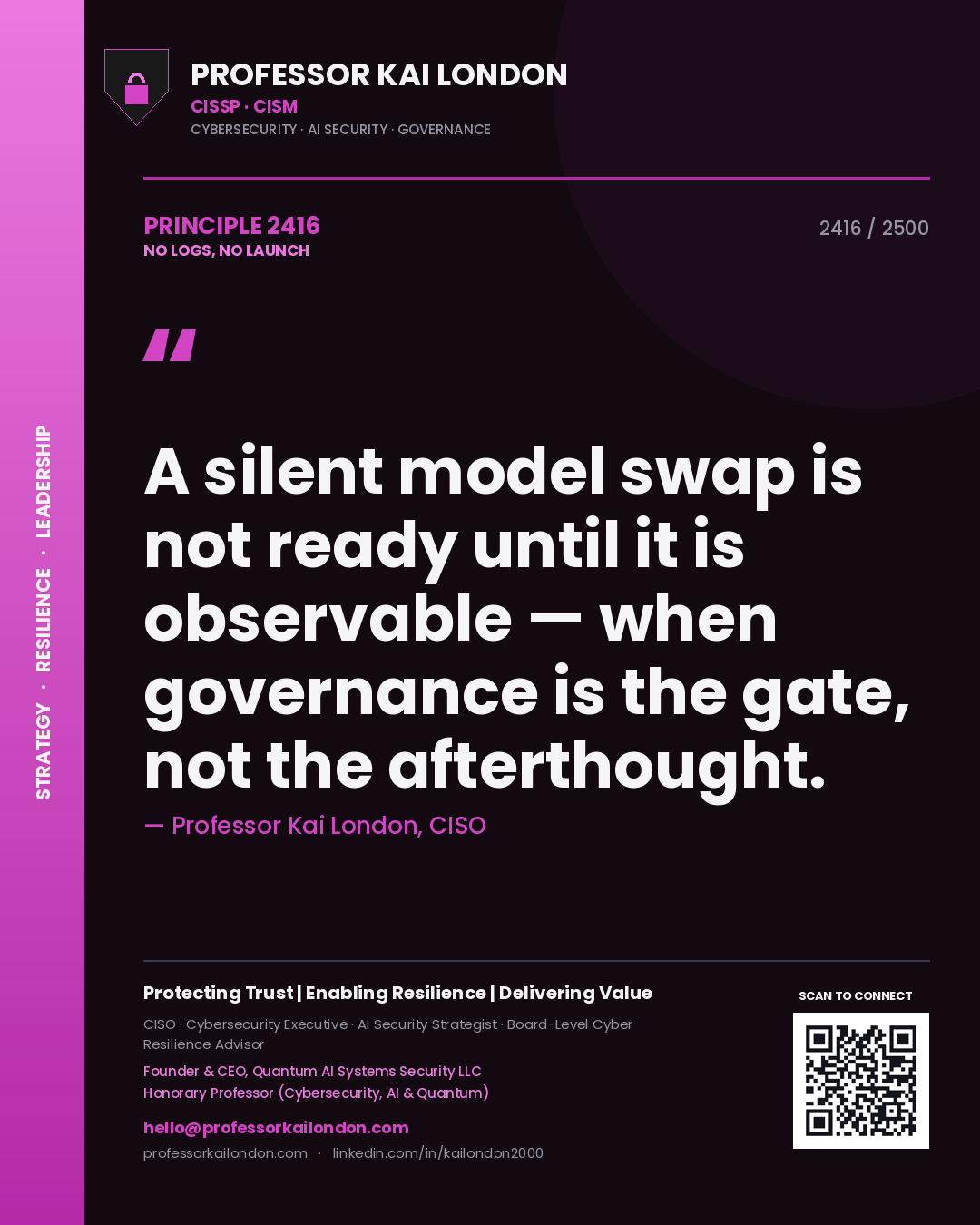 Professor Kai London principle 2416: A silent model swap is not ready until it is observable — when governance is the gate, not the afterthought.
