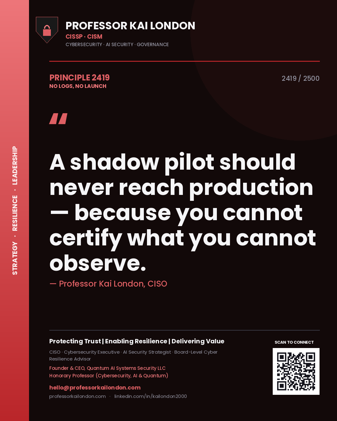 Professor Kai London principle 2419: A shadow pilot should never reach production — because you cannot certify what you cannot observe.