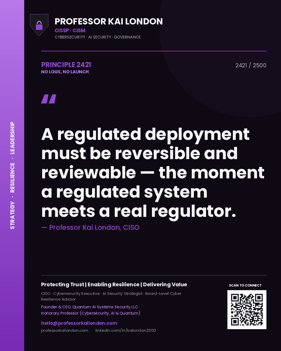 Professor Kai London principle 2421: A regulated deployment must be reversible and reviewable — the moment a regulated system meets a real regulator.
