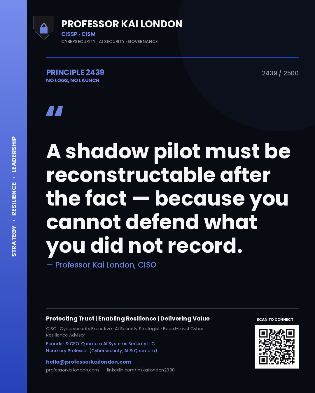 Professor Kai London principle 2439: A shadow pilot must be reconstructable after the fact — because you cannot defend what you did not record.