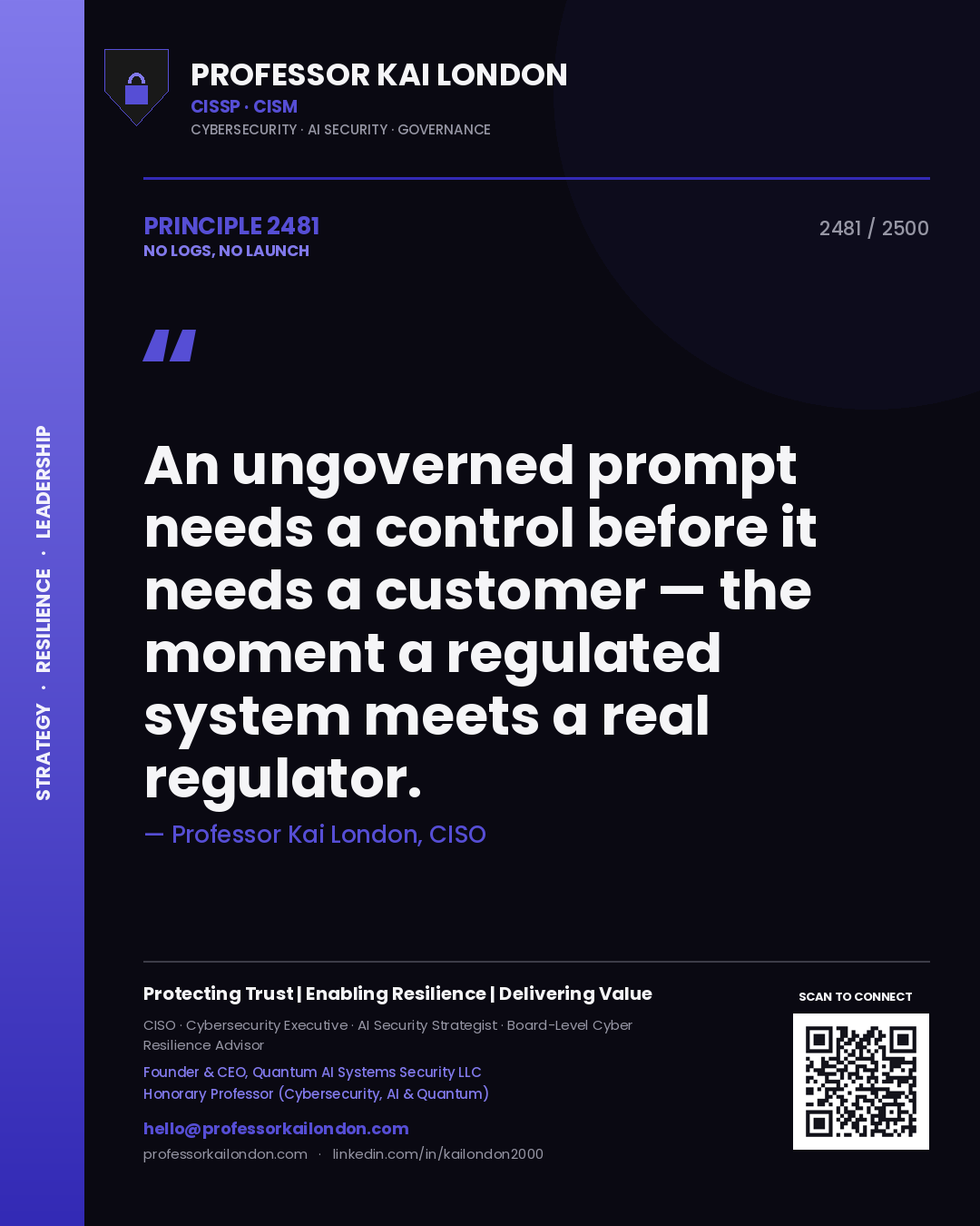 Professor Kai London principle 2481: An ungoverned prompt needs a control before it needs a customer — the moment a regulated system meets a real regulator.