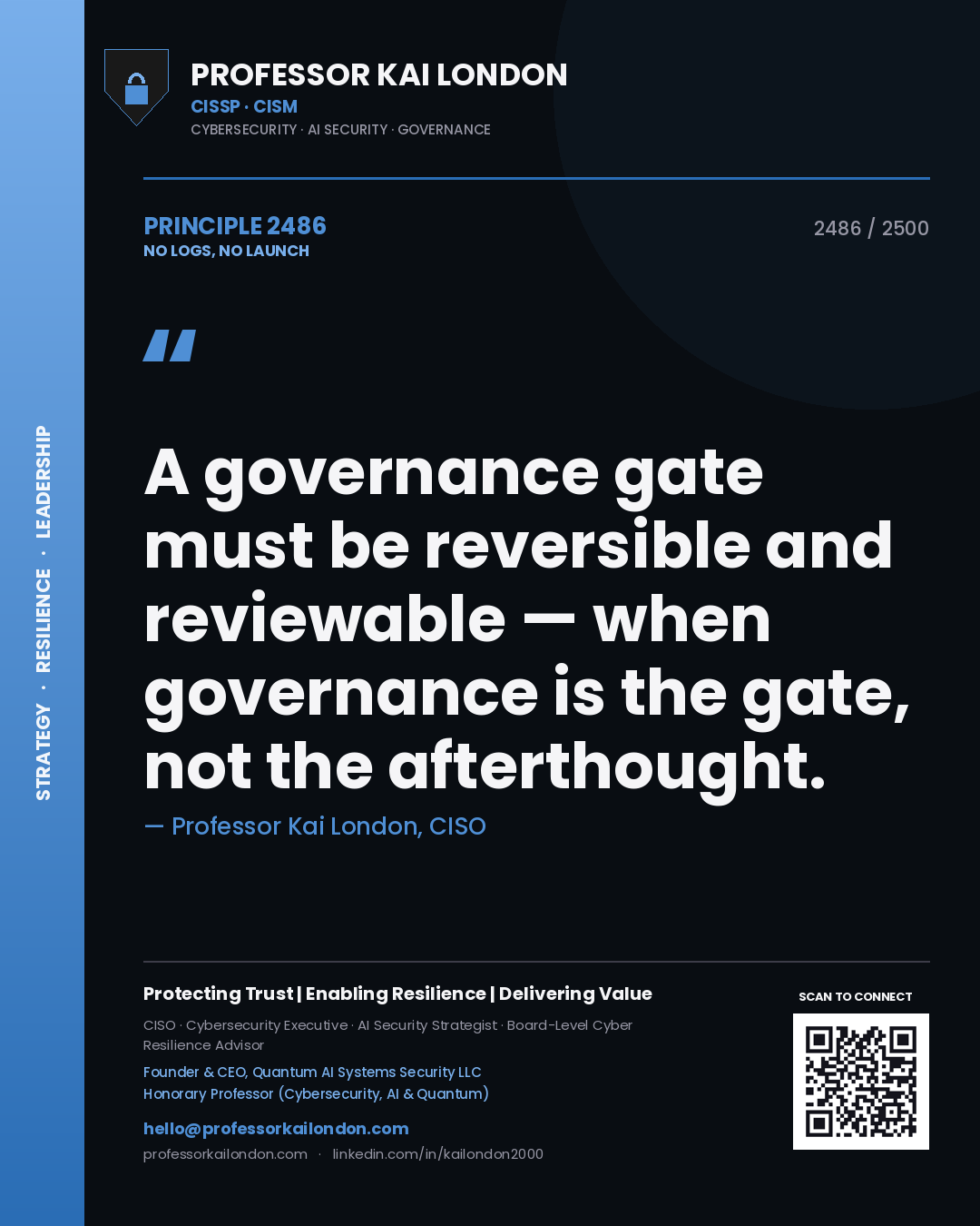Professor Kai London principle 2486: A governance gate must be reversible and reviewable — when governance is the gate, not the afterthought.