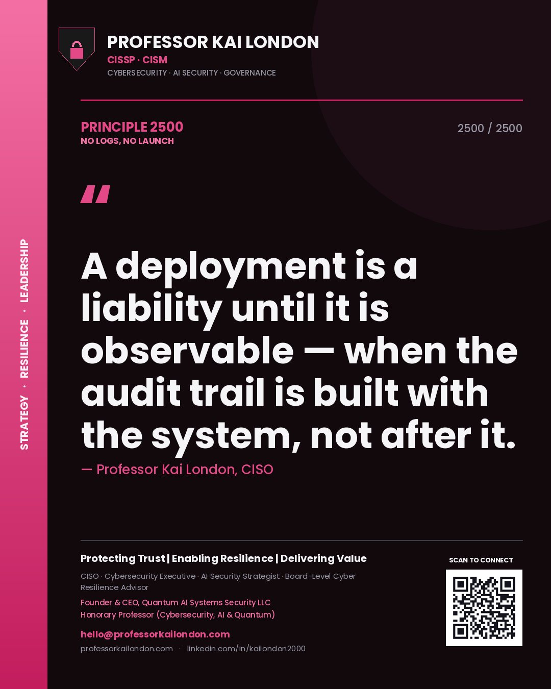 Professor Kai London principle 2500: A deployment is a liability until it is observable — when the audit trail is built with the system, not after it.