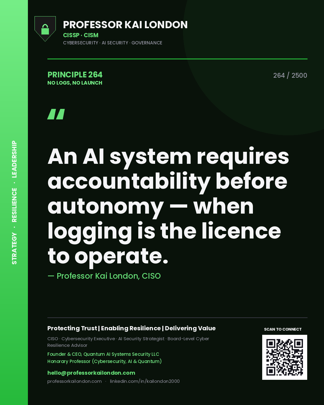 Professor Kai London principle 264: An AI system requires accountability before autonomy — when logging is the licence to operate.